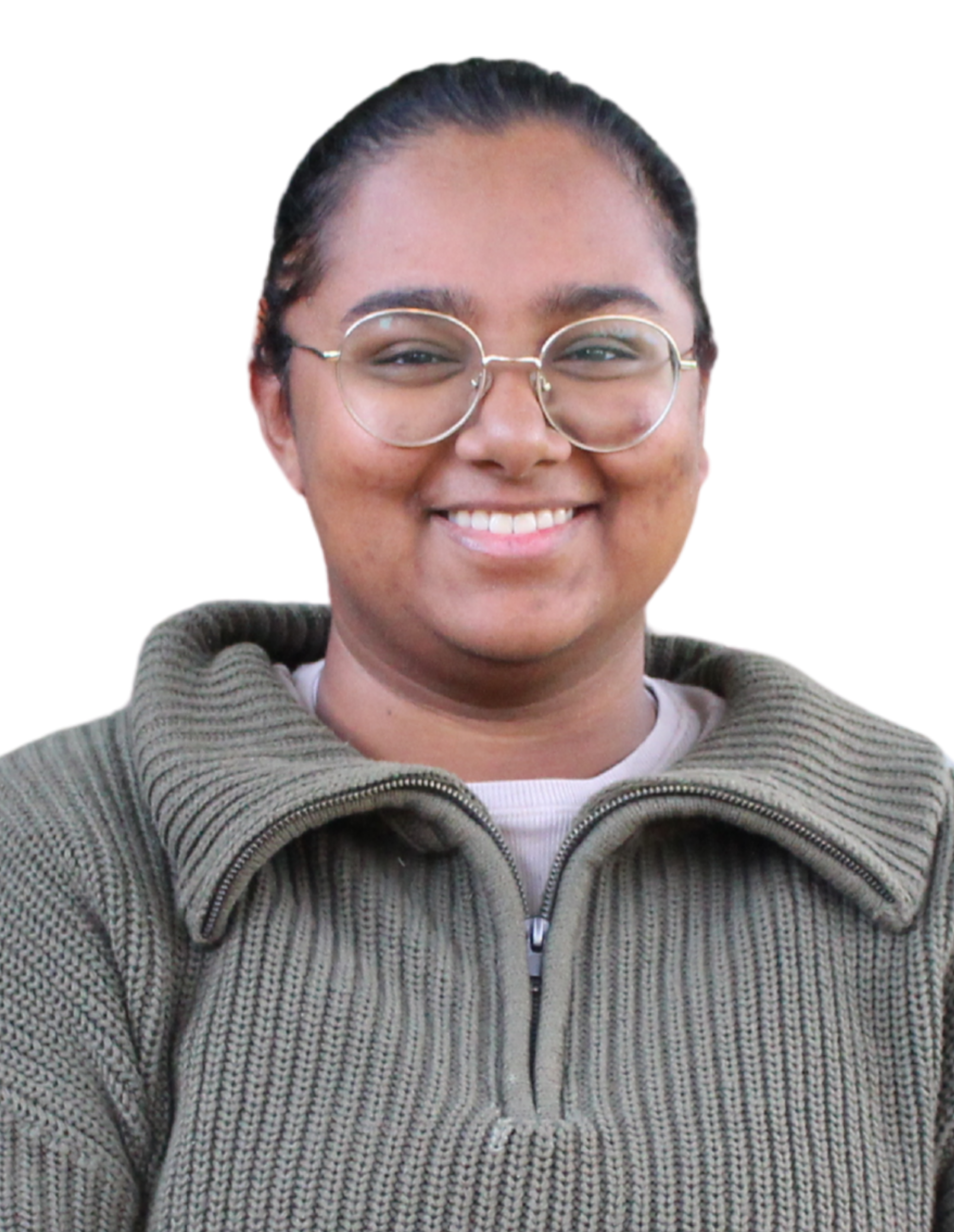 Arin smiling while wearing glasses and a green quarter zip knit sweater.