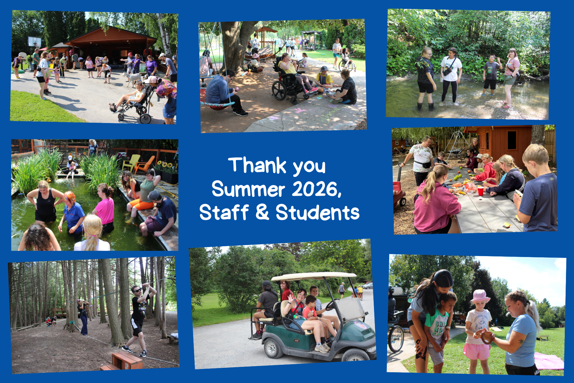 A collage with a blue background and photos of our Summer Program around Nova's Ark.
