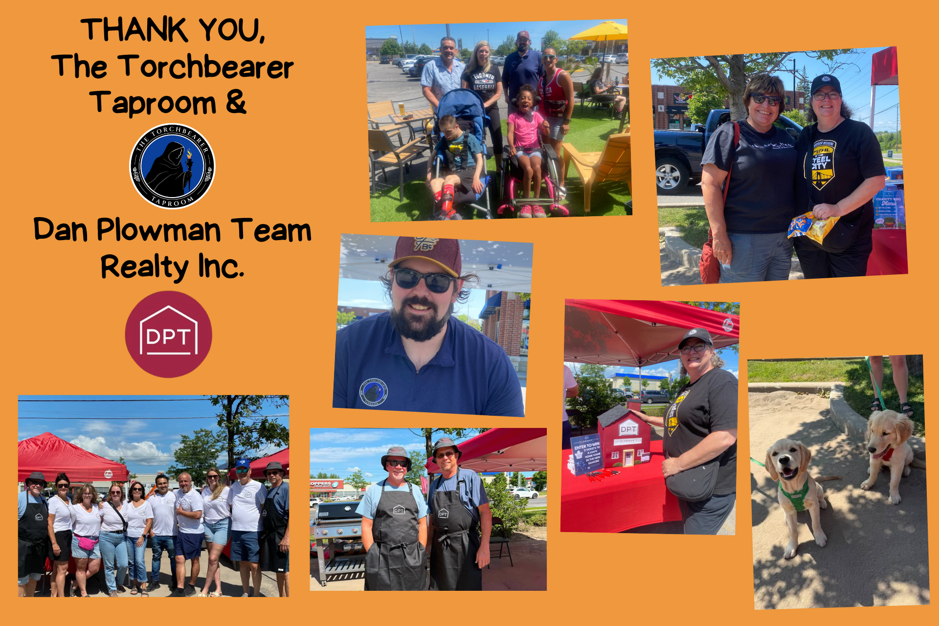 A collage with an orange background with photos of groups who went to the Torchbearer Tavern for their fundraiser.