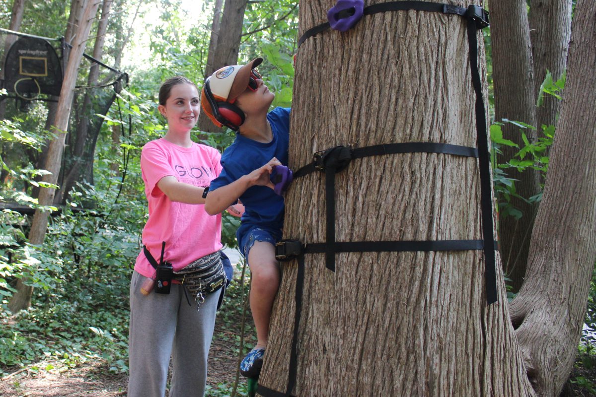 Participant climbing up a tree with mentor's support.